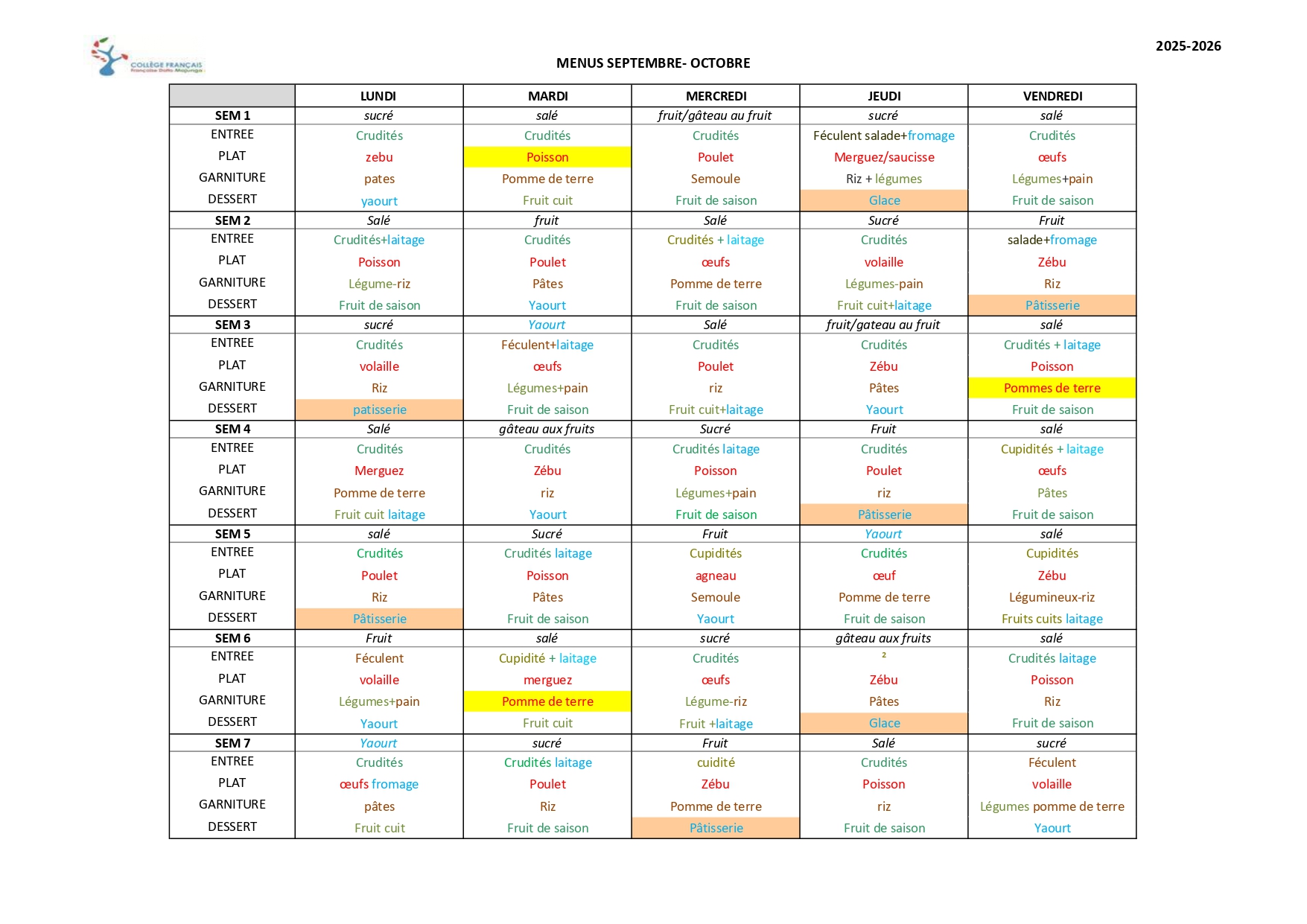 Menus SEPT OCT 2025