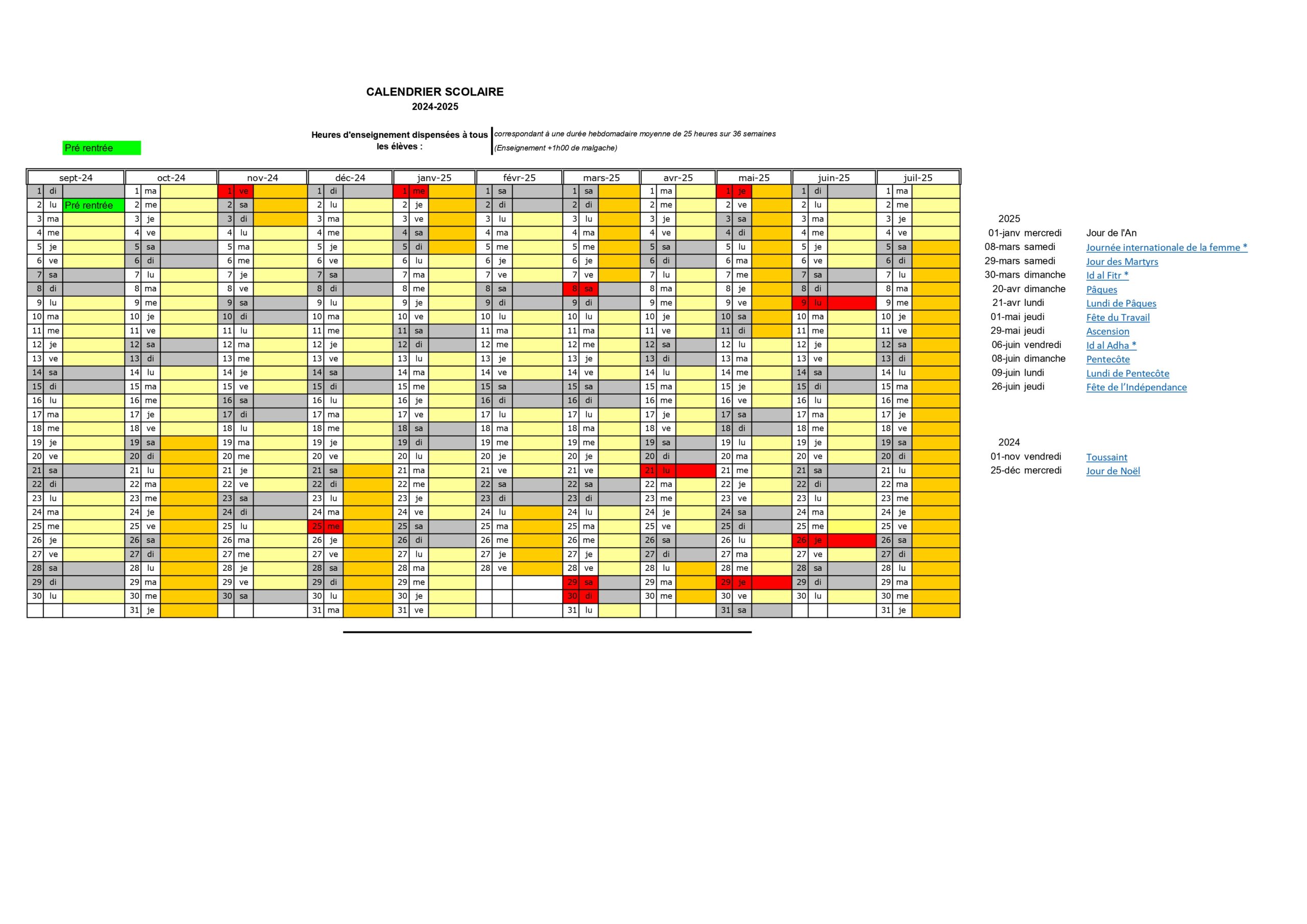 Calendrier scolaire 2024-2025
